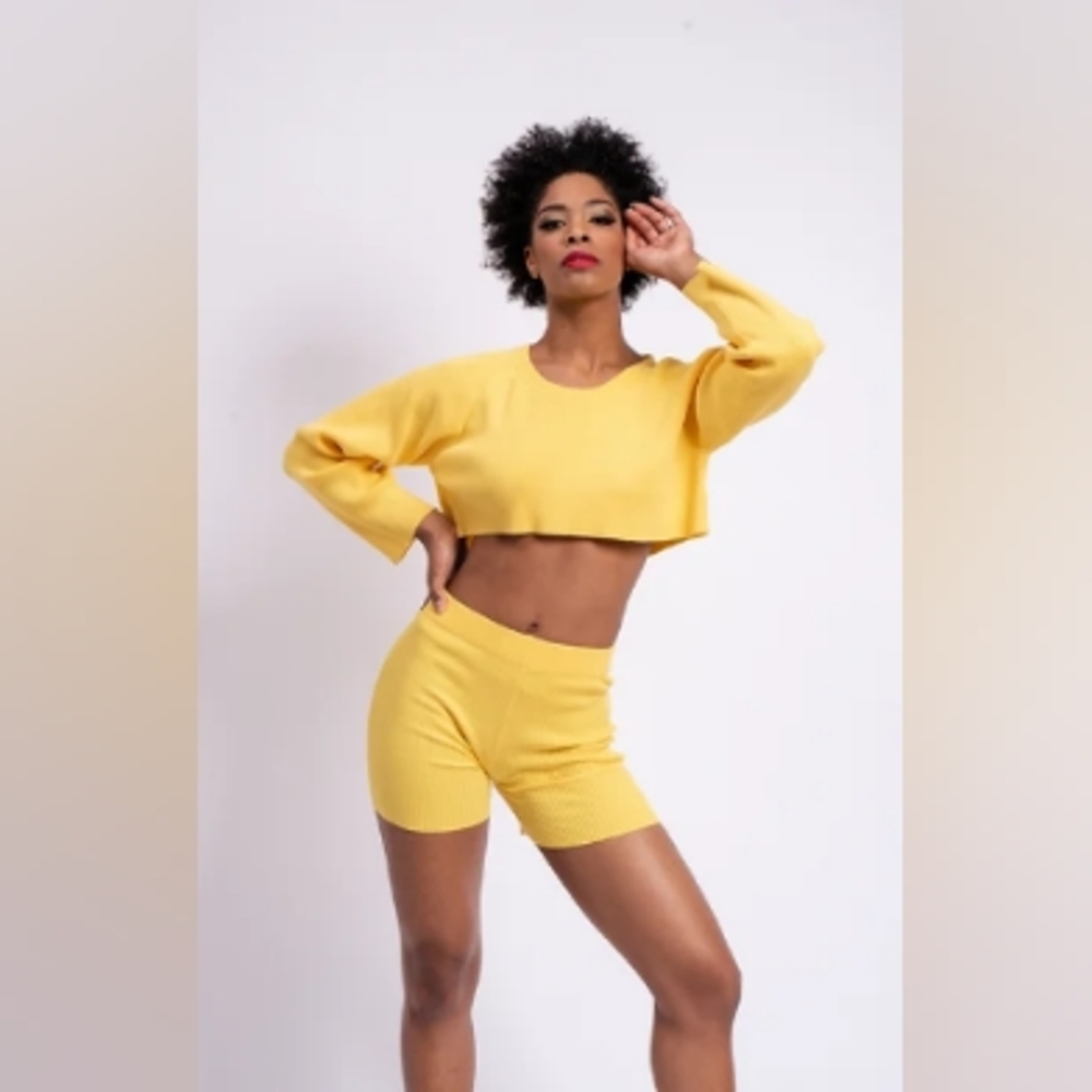 Yellow Daze 2 Piece Crop Top and Biker Short Set